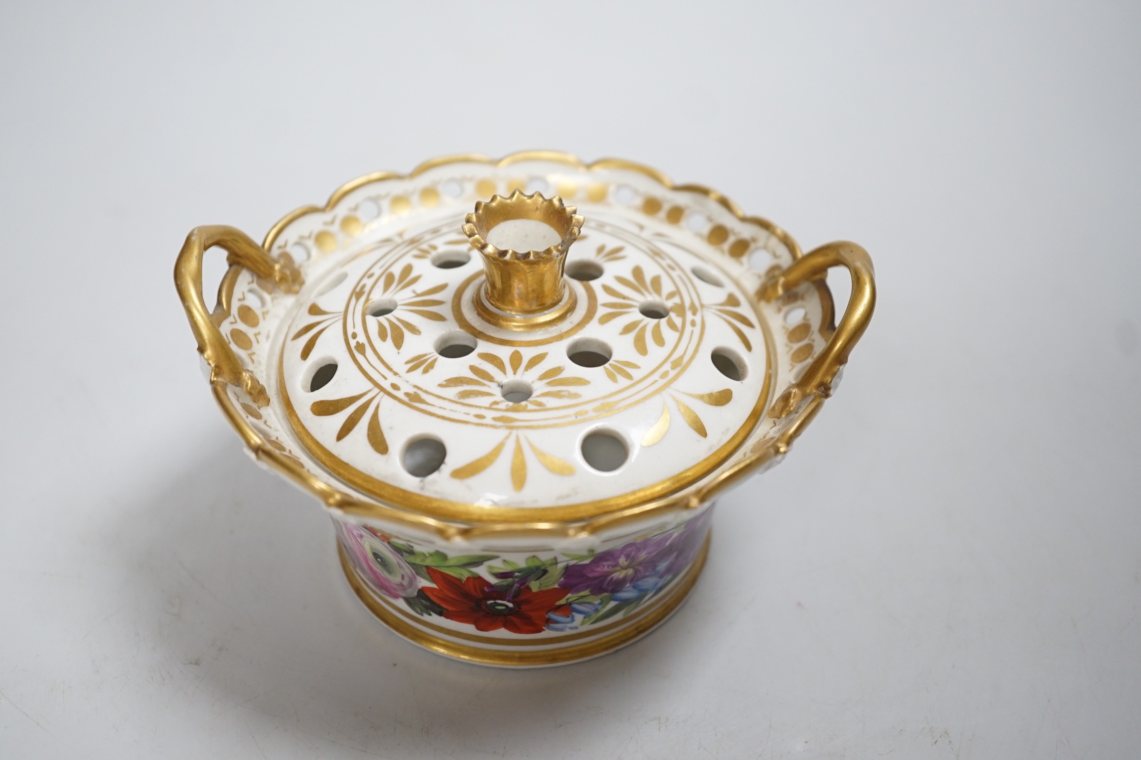 A Coalport pot pourri basket and cover painted with flowers, perhaps in the workshop of Thomas Baxter c.1805-10